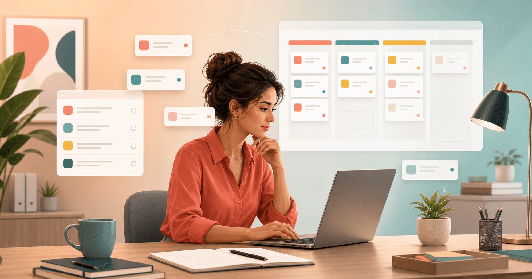 Profissional acompanhando tarefas de clientes em lista e kanban dentro de um CRM simples