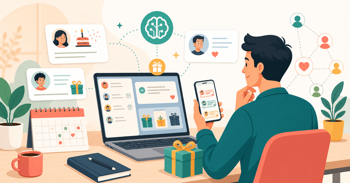 Profissional usando IA para aniversário de clientes com mensagens personalizadas, calendário e ideias de presente