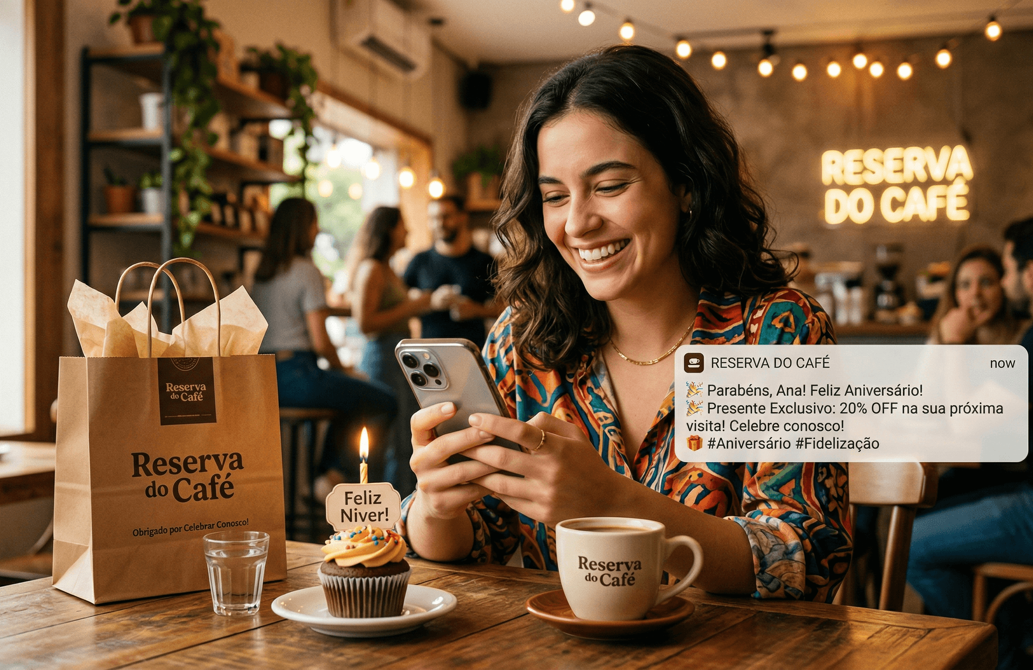 Profissional enviando mensagem de aniversário personalizada para cliente fidelizar relacionamento