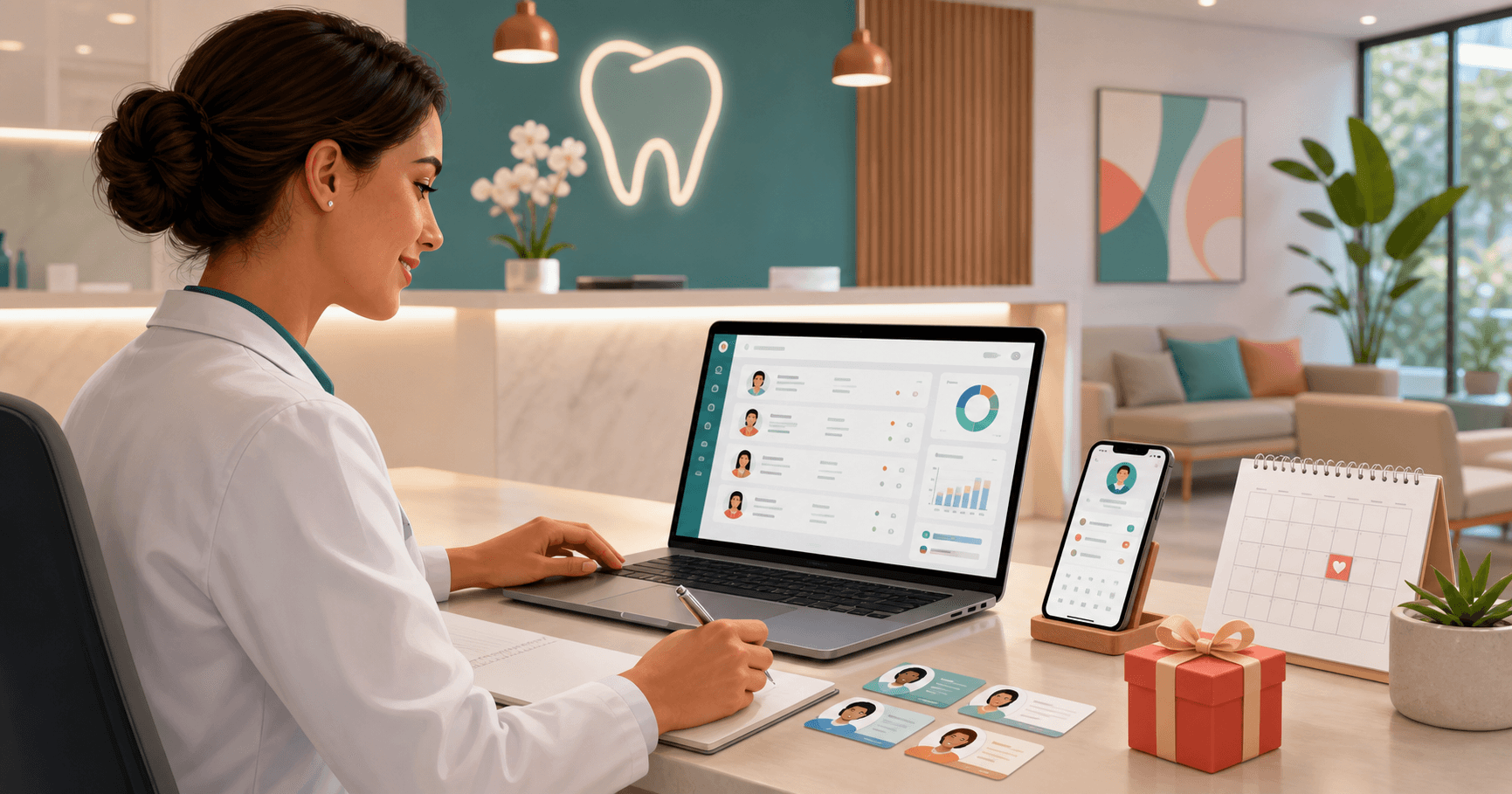Dentista usando CRM para dentistas para organizar pacientes, retornos e datas importantes