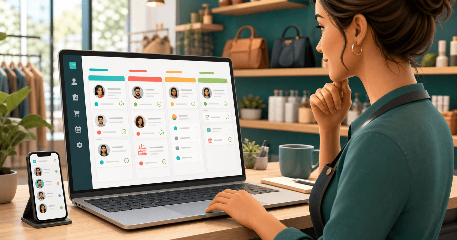 Store owner using a task manager for stores to organize customers, after-sales work and reminders